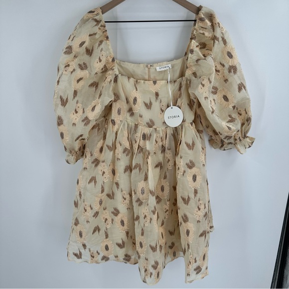 Storia Golden Floral Babydoll‎ Puff Sleeve Mini Dress Large Romantic Cottage NEW - Picture 2 of 16